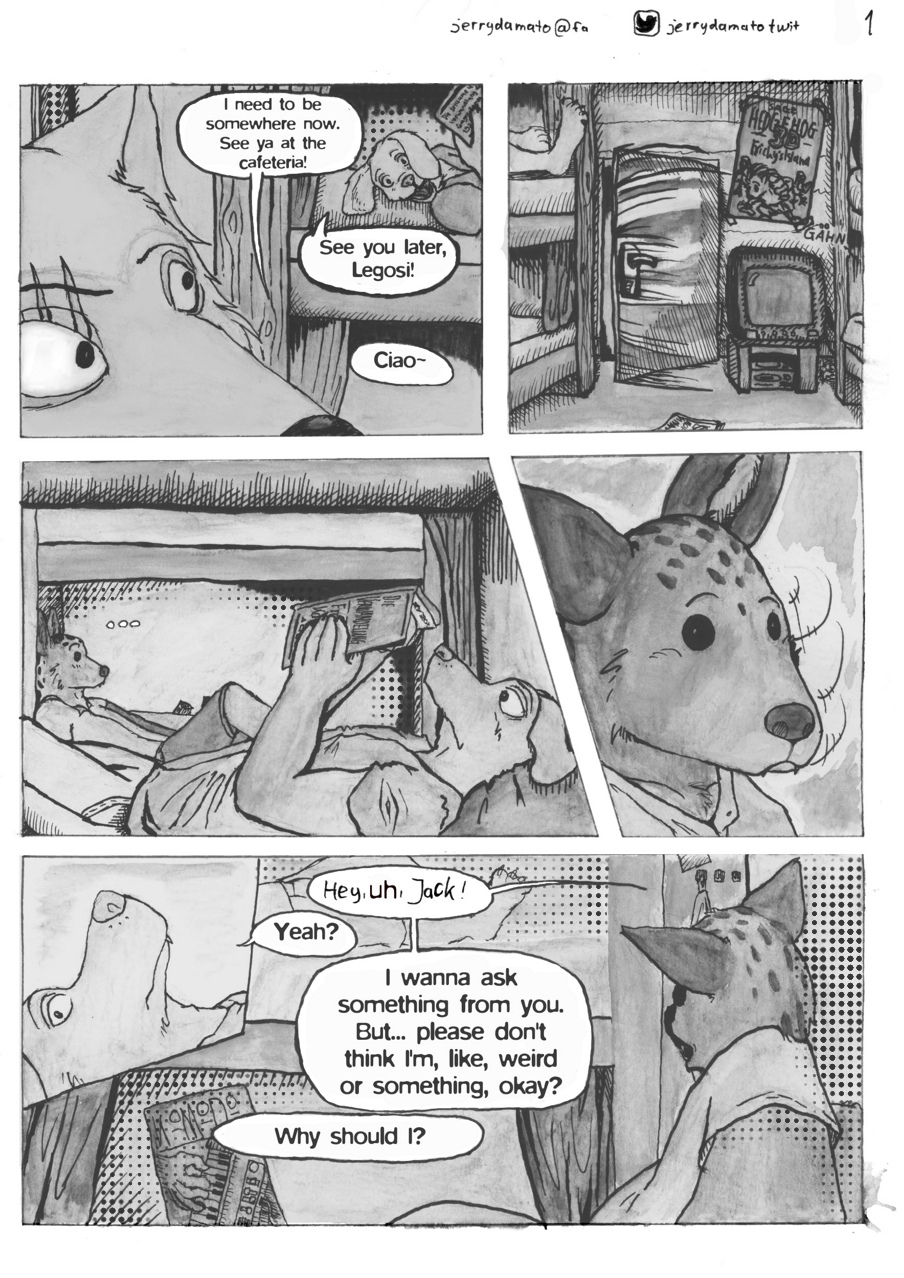 2020 anthro beastars bird_dog black_and_white canid canine canis clothed clothing comic domestic_dog english_text hi_res humanoid hunting_dog hyaenid jack_(beastars) jerrydamato labrador legoshi_(beastars) male mammal miguno_(beastars) monochrome netflix retriever sketch text traditional_media_(artwork) viz wolf