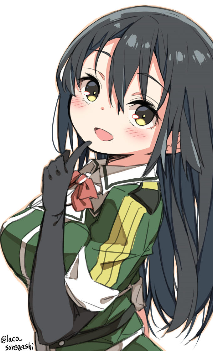 1girl black_eyes black_gloves black_hair bow bowtie breasts chikuma_(kantai_collection) commentary_request elbow_gloves gloves kantai_collection laco_soregashi large_breasts long_hair looking_at_viewer military military_uniform puffy_short_sleeves puffy_sleeves red_neckwear short_sleeves simple_background single_elbow_glove solo twitter_username uniform upper_body white_background