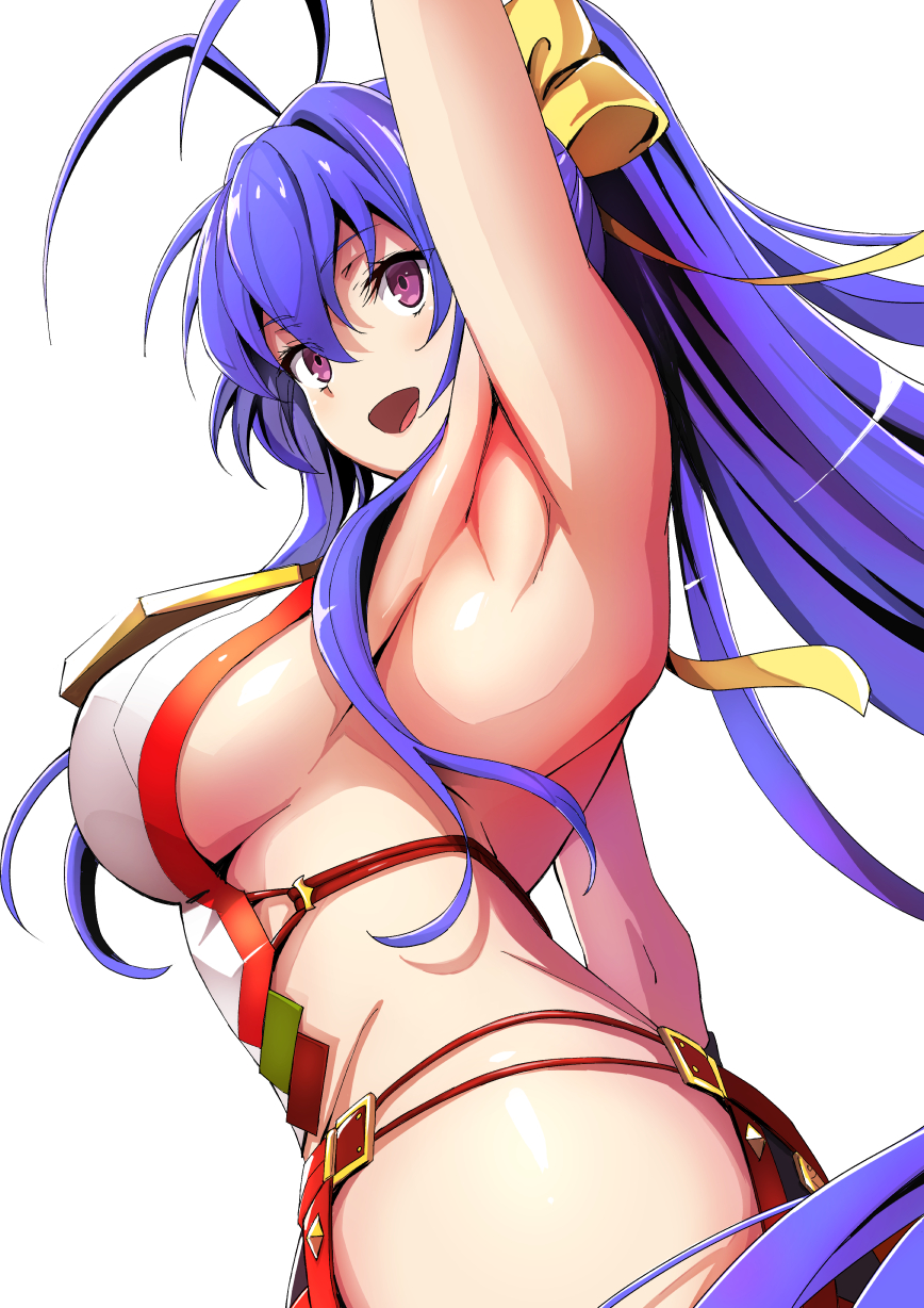 1girl :d antenna_hair arm_up armpits backless_outfit bangs blazblue blazblue:_central_fiction blazblue_variable_heart blue_hair blush bow breasts cowboy_shot from_side hair_between_eyes hair_bow halter_top halterneck highres large_breasts long_hair looking_away looking_to_the_side lowleg lowleg_pants mai_natsume open_mouth pants purple_eyes revealing_clothes sayoi sideboob simple_background smile solo very_long_hair white_background yellow_bow