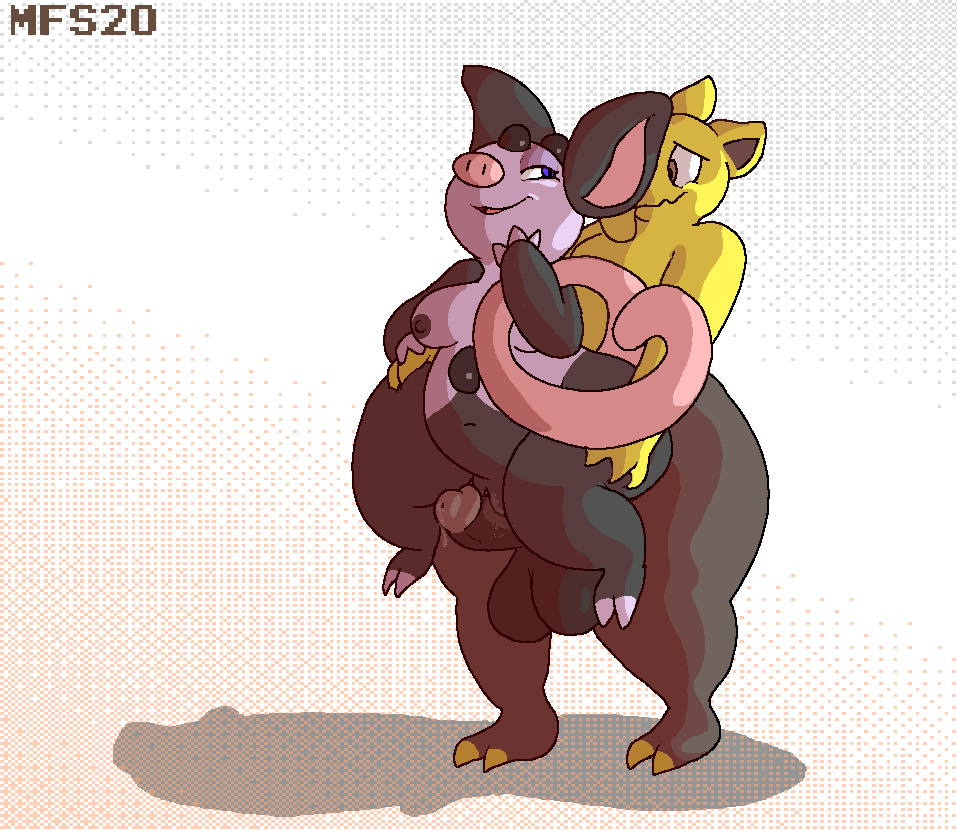 2020 anthro balls black_body blue_eyes bodily_fluids breasts brown_eyes carrying_partner claws domestic_pig drowzee duo erection female genital_fluids genitals grin grinding grumpig half-closed_eyes hand_holding hi_res holding_thighs looking_at_another male male/female mammal matchesyashi narrowed_eyes nervous_smile nintendo nipples nude pok&eacute;mon pok&eacute;mon_(species) precum precum_drip precum_on_penis purple_body pussy_juice pussy_juice_on_penis smile suid suina sus_(pig) thick_thighs video_games yellow_body