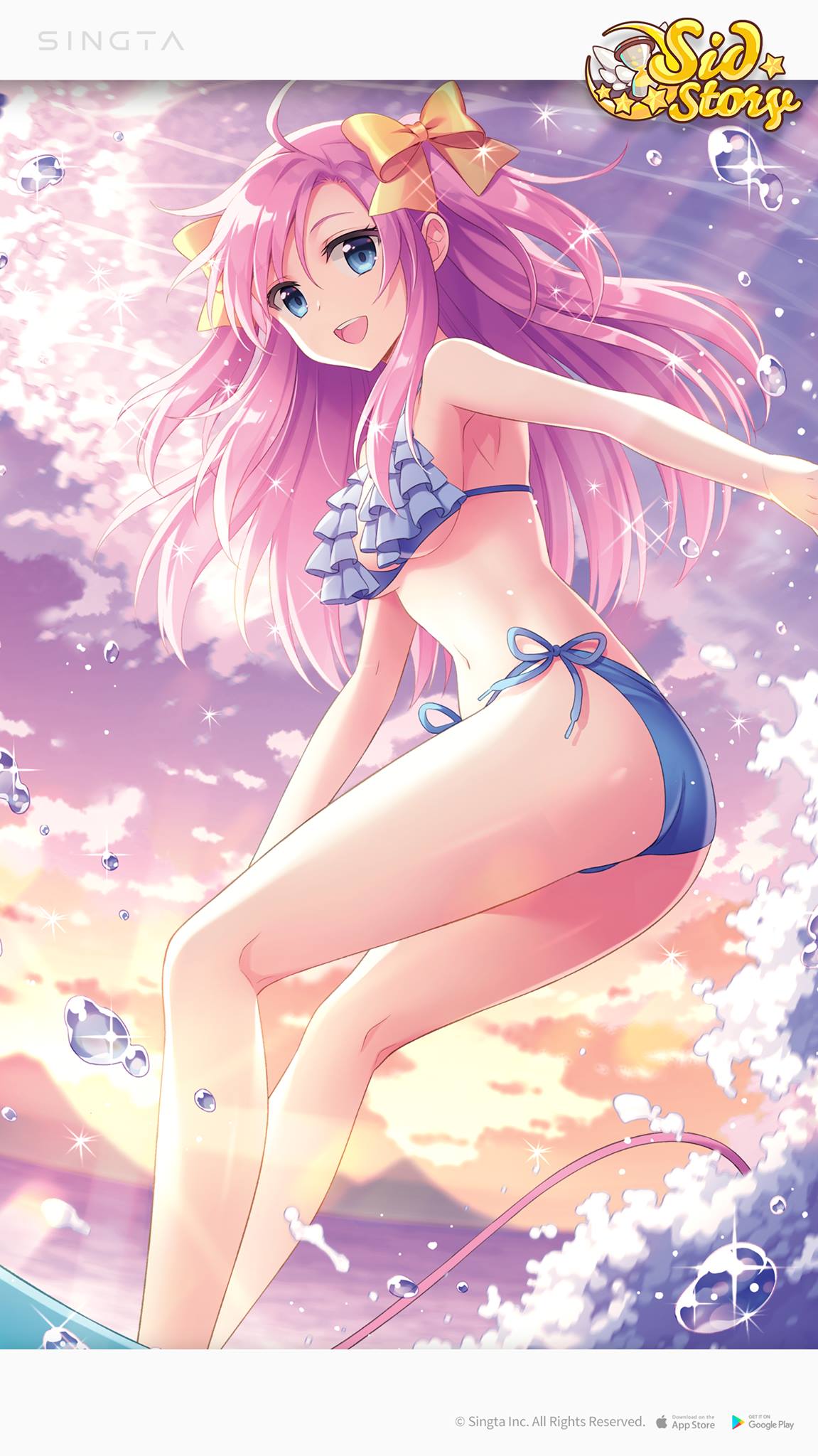 1girl :d ahoge an2a ass bangs barefoot bikini blue_bikini blue_eyes blurry breasts chris_(sid_story) cloud cloudy_sky copyright_name hair_ornament highres long_hair looking_at_viewer md5_mismatch medium_breasts mountain ocean official_art open_mouth outdoors pink_hair resolution_mismatch shiny shiny_skin sid_story sidelocks sky smile solo source_larger string_bikini sunset surfboard surfing swimsuit thighs twintails water waves