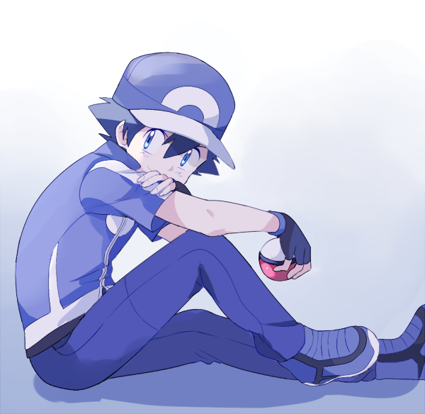 1boy baseball_cap blue_eyes blue_footwear blue_jacket blue_legwear color_filter denim fingerless_gloves gloves gradient gradient_background hat holding holding_poke_ball jacket jeans looking_at_viewer male_focus mei_(maysroom) pants poke_ball poke_ball_(generic) pokemon pokemon_(anime) satoshi_(pokemon) solo tagme