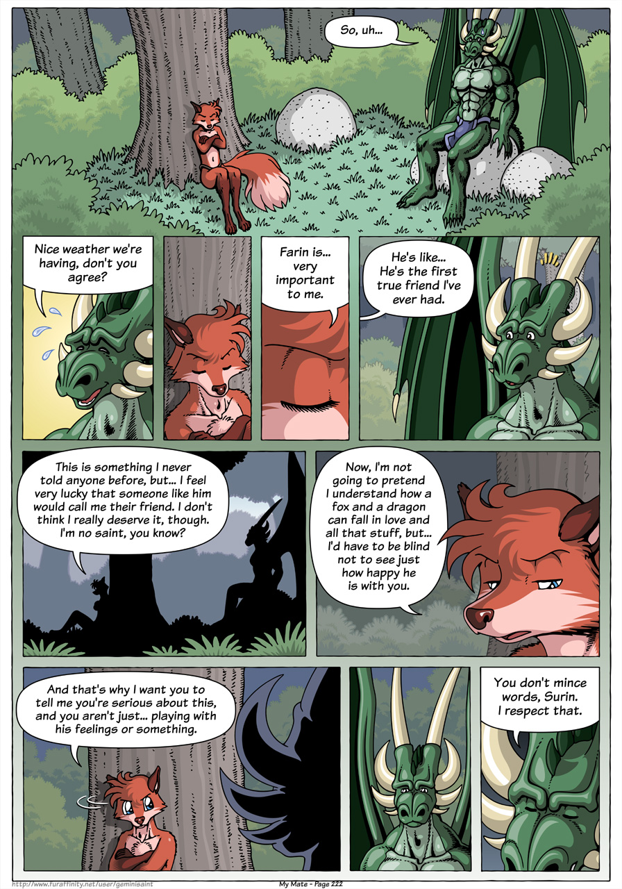 5_toes 7:10 anthro biceps biped blue_eyes bodily_fluids boulder canid canine cheek_tuft chest_tuft claws clothed clothing comic crossed_arms day dialogue digital_media_(artwork) digitigrade dragon duo english_text eyelashes eyes_closed facial_tuft forest fox fur geminisaint grass green_body half_naked head_tuft head_turn hi_res horn loincloth male mammal membrane_(anatomy) membranous_wings multicolored_body muscular muscular_male navel nipples open_mouth paws pecs plant plantigrade red_body red_fur rock scalie sekkral shrub silhouette sitting size_difference surin sweat sweatdrop teeth text toe_claws toes tongue topless tree tuft two_tone_body wing_claws wings