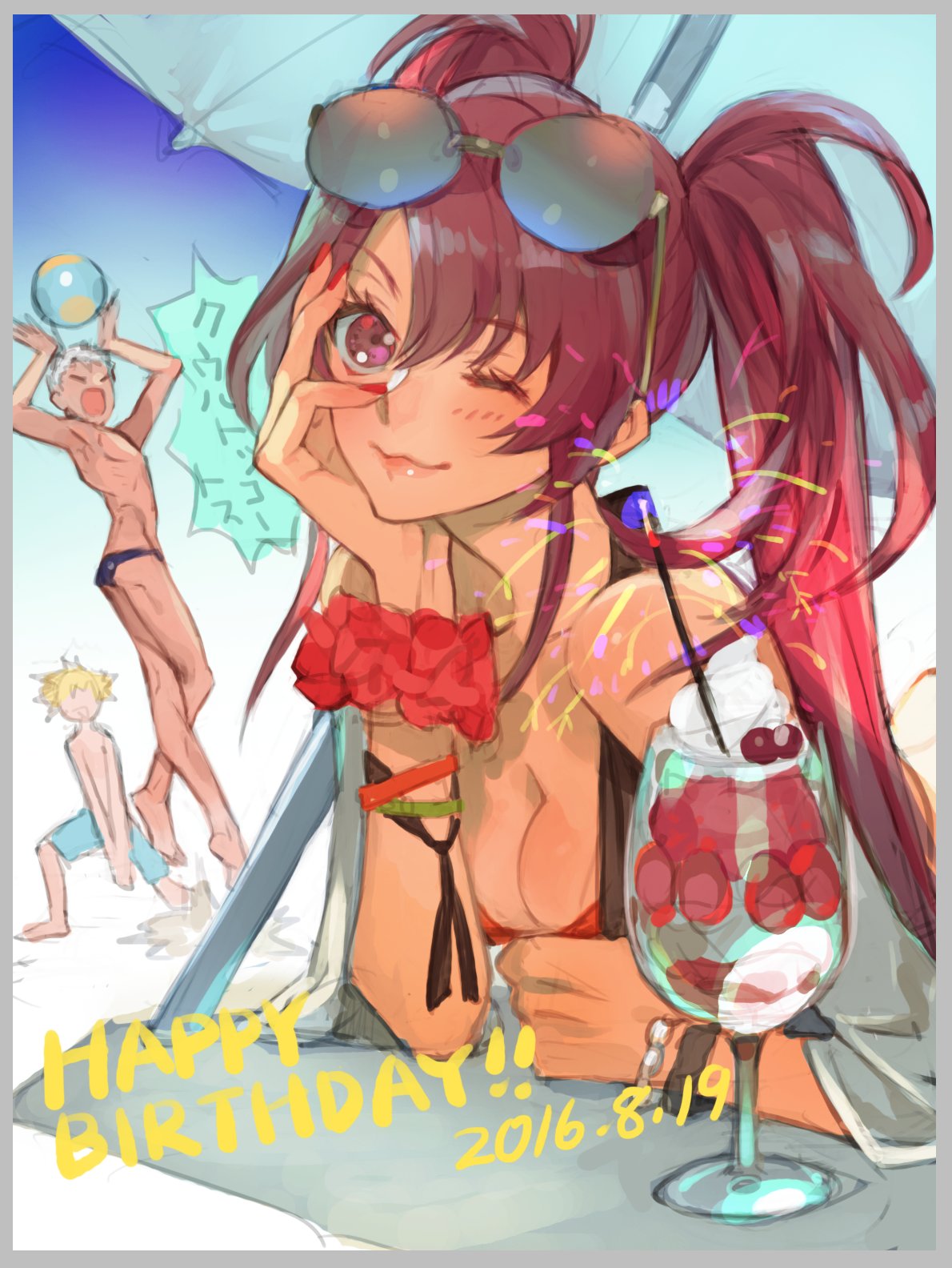 1girl 2boys ;) alternate_costume beach bikini bracelet breasts cleavage eyewear_on_head hand_on_own_face highres jewelry kyle_dunamis lips long_hair loni_dunamis looking_at_viewer medium_breasts multiple_boys nail_polish nanaly_fletch nishihara_isao one_eye_closed parfait red_eyes red_hair red_nails smile sunglasses swimsuit tales_of_(series) tales_of_destiny_2 twintails