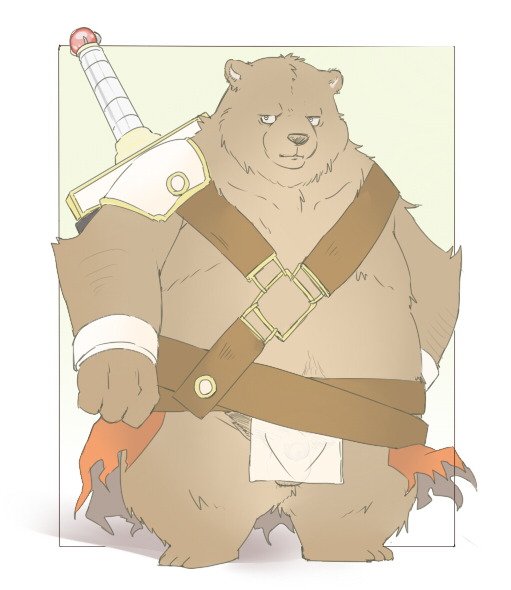 2020 anthro balls belly brown_body brown_fur clothing fur genitals humanoid_hands inunoshippo kemono loincloth male mammal melee_weapon overweight overweight_male simple_background solo sword ursid weapon