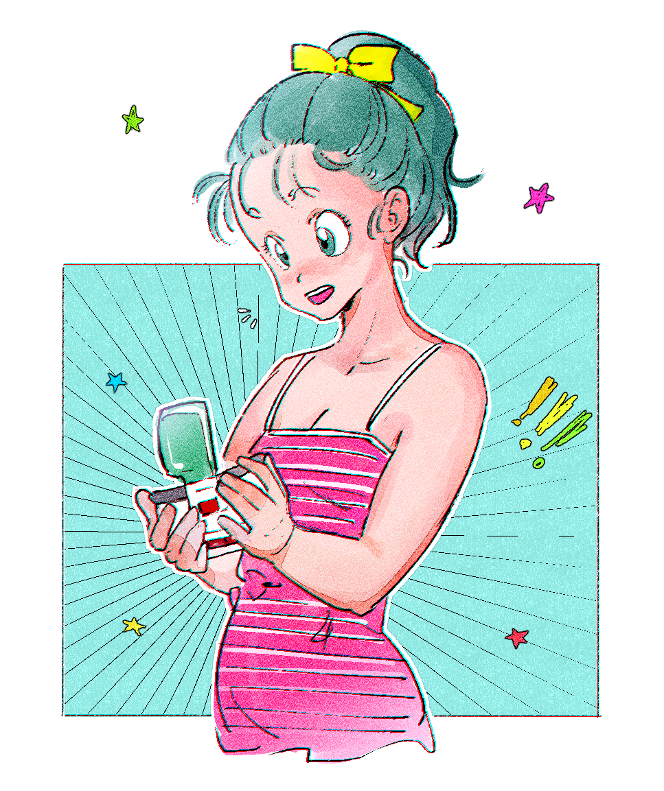 ! !! 1girl amachu_a aqua_eyes aqua_hair bow breasts bulma cleavage commentary dragon_ball dragon_ball_z dress emphasis_lines english_commentary forehead hair_bow holding open_mouth pink_dress ponytail scouter small_breasts smile solo spaghetti_strap star_(symbol) striped_clothes striped_dress upper_body yellow_bow