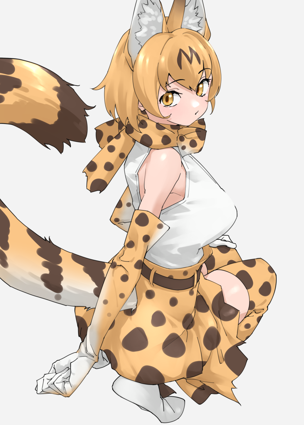1girl animal_ear_fluff animal_ears bare_shoulders belt blonde_hair bow bowtie cat_ears cat_girl cat_tail commentary elbow_gloves extra_ears from_side full_body gloves grey_background hair_between_eyes hand_on_own_knee highres kemono_friends looking_at_viewer looking_to_the_side print_bow print_bowtie print_gloves print_skirt print_thighhighs serval_(kemono_friends) serval_print shirt shoes short_hair simple_background skirt sleeveless sleeveless_shirt solo squatting tail tail_through_clothes tanabe_(fueisei) thighhighs white_footwear white_shirt yellow_eyes zettai_ryouiki