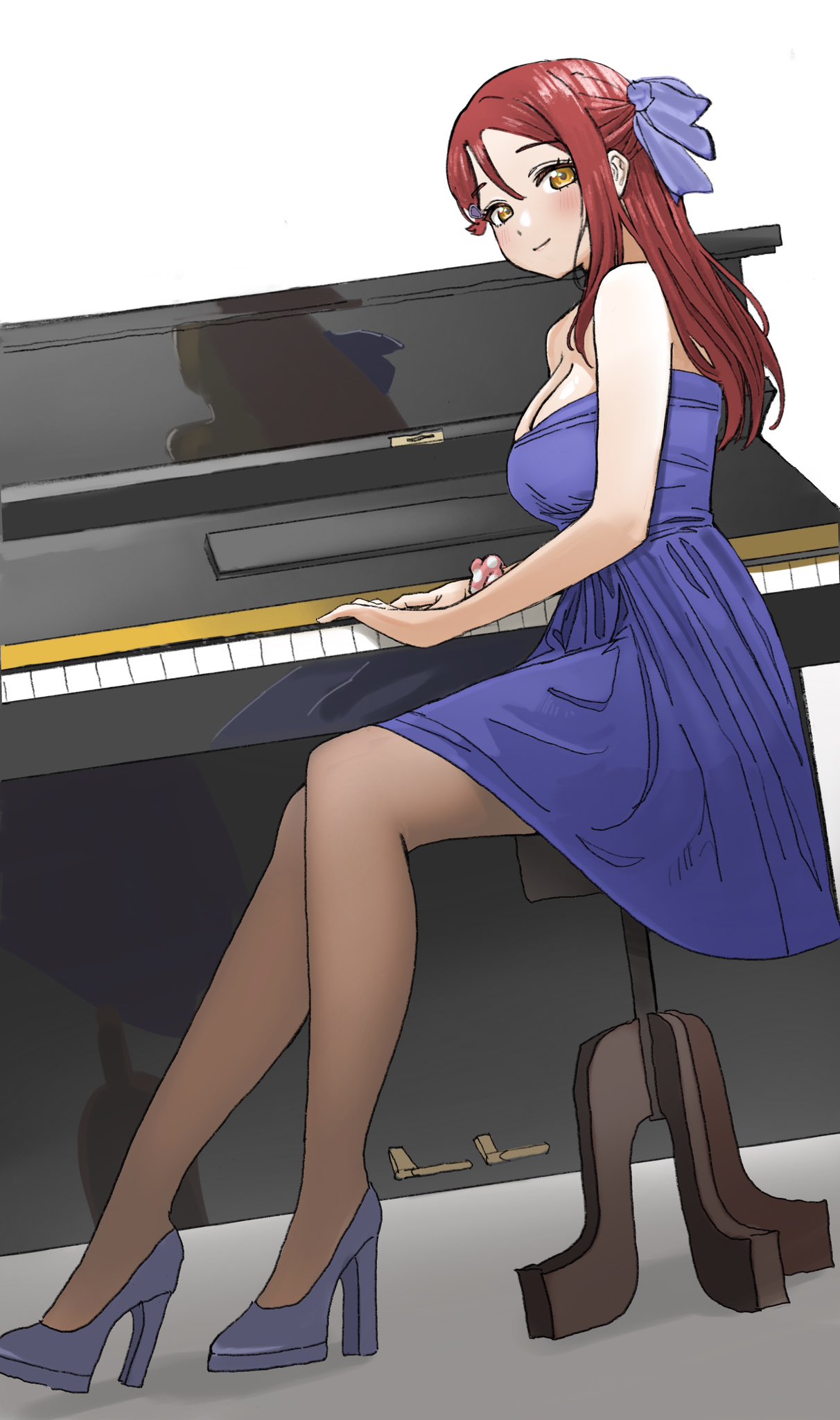 1girl bow breasts cleavage commentary_request dress dunchy dutch_angle hair_bow half_updo high_heels highres instrument long_hair looking_at_viewer love_live! love_live!_sunshine!! medium_breasts on_chair pantyhose piano purple_bow purple_dress purple_footwear red_hair sakurauchi_riko single_sidelock sitting solo strapless strapless_dress white_background yellow_eyes