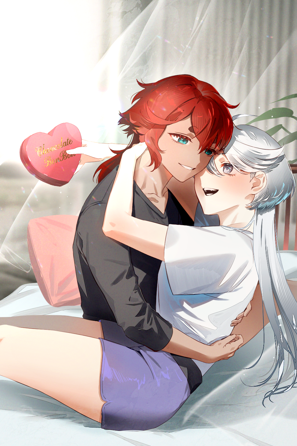 2girls aqua_eyes black_shirt box candy chocolate commentary_request curtains fern_(bhbtr) food grey_eyes grey_hair gundam gundam_suisei_no_majo heart heart-shaped_chocolate highres holding holding_box hug indoors long_hair long_sleeves looking_at_another miorine_rembran multiple_girls on_bed open_mouth parted_lips pillow purple_shorts red_hair shirt short_sleeves shorts smile suletta_mercury thick_eyebrows white_shirt yuri