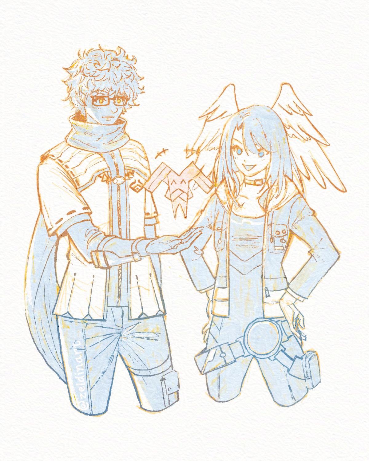 +++ 1boy 1girl :d blue_eyes bodysuit closed_mouth commentary cropped_legs eunie_(xenoblade) feathered_wings glasses gloves grey_background hair_between_eyes hands_on_own_hips head_wings highres hood hood_down hooded_jacket jacket long_sleeves open_clothes open_jacket pants parted_bangs ribbon-trimmed_sleeves ribbon_trim scarf shirt simple_background smile taion_(xenoblade) wings xenoblade_chronicles_(series) xenoblade_chronicles_3 yellow_eyes zeldin