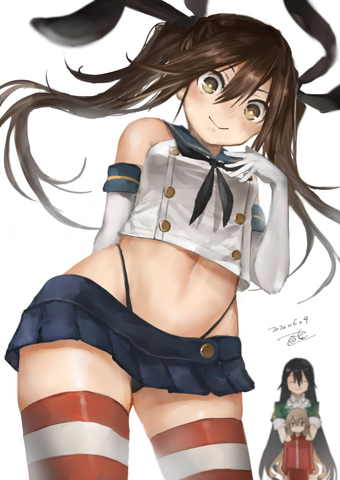 3girls arm_behind_back bangs bare_shoulders black_hair black_neckwear black_panties blonde_hair blue_sailor_collar blue_skirt blurry blurry_background blush breasts brown_hair buttons chikuma_(kantai_collection) commentary_request cosplay cowboy_shot crop_top dated elbow_gloves eyebrows_behind_hair gloves green_shirt grey_eyes groin hair_between_eyes hair_ribbon hand_on_own_chest hands_on_another's_shoulders highleg highleg_panties jacket kantai_collection long_hair long_sleeves looking_at_viewer medium_breasts microskirt midriff multiple_girls navel neckerchief panties puffy_short_sleeves puffy_sleeves red_jacket red_legwear remodel_(kantai_collection) ribbon sailor_collar school_uniform serafuku shaded_face shimakaze_(kantai_collection) shimakaze_(kantai_collection)_(cosplay) shirt short_sleeves sidelocks signature simple_background skindentation skirt sleeveless sleeveless_shirt smile solo_focus standing striped striped_legwear thighhighs toka_(marchlizard) tone_(kantai_collection) track_jacket twintails underwear white_background white_gloves white_legwear white_shirt zettai_ryouiki