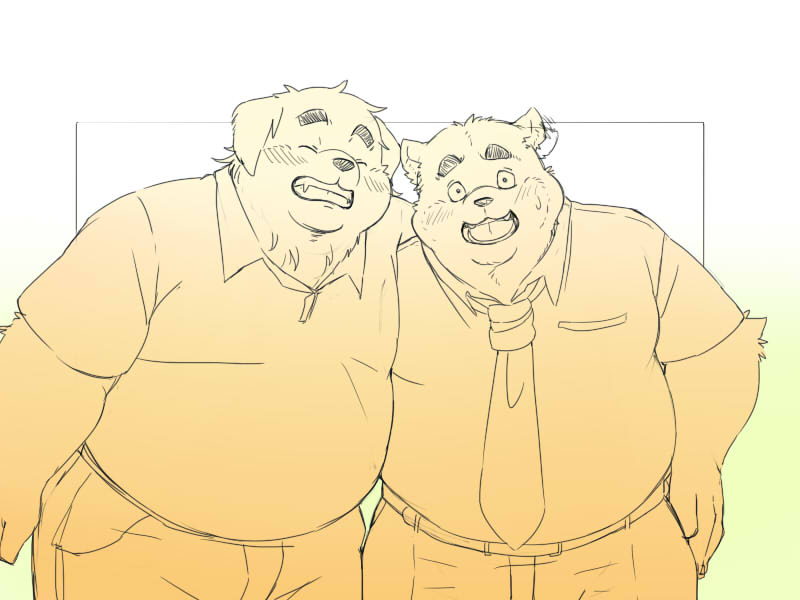 2020 4:3 anthro blush bottomwear canid canine canis clothing domestic_dog duo eyes_closed hug inunoshippo kemono male mammal necktie overweight overweight_male pants shirt topwear