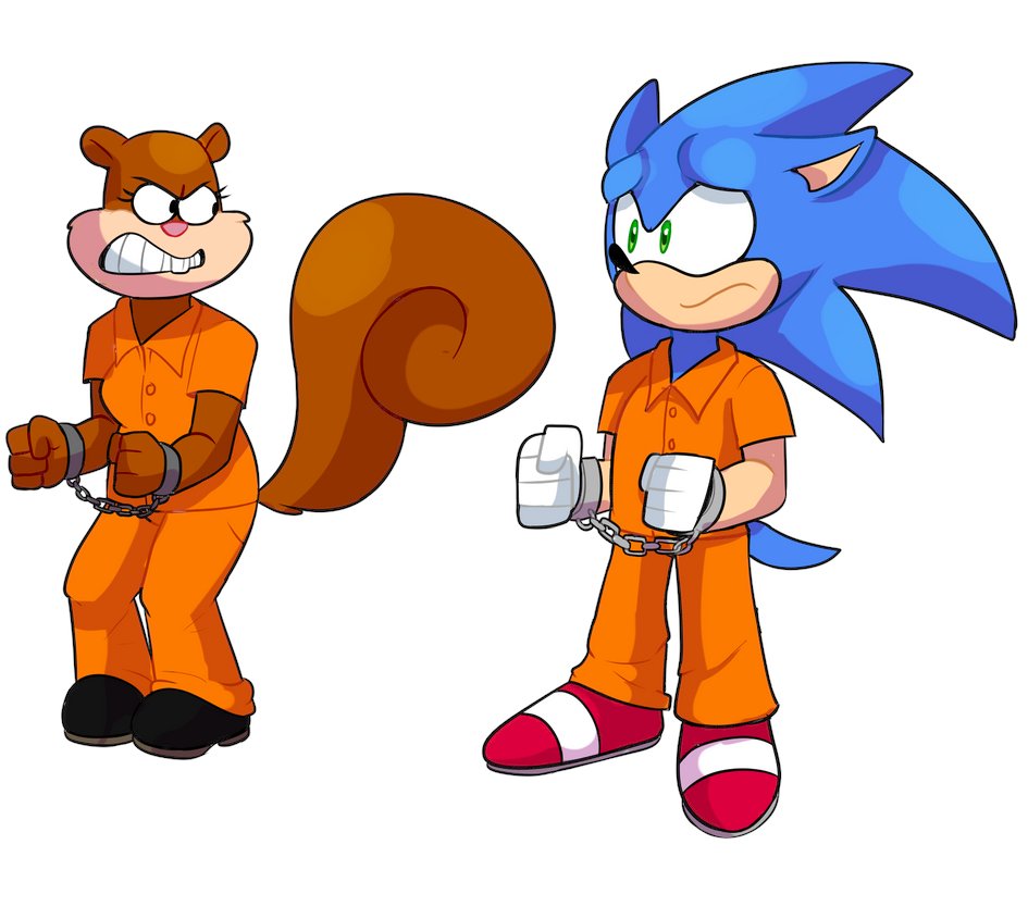 dankmemebirb360 duo eulipotyphlan frustrated handcuffed handcuffs hedgehog mammal nickelodeon prison_jumpsuit prison_suit prison_uniform prisoner rodent sandy_cheeks sciurid shackles sonic_the_hedgehog sonic_the_hedgehog_(series) spongebob_squarepants