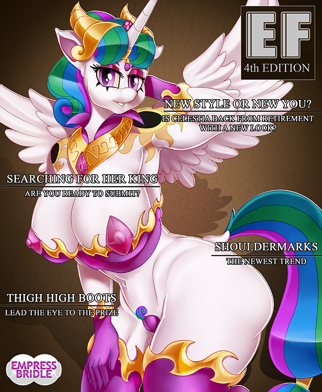 anthro anthrofied big_breasts bottomless breasts cleavage clothed clothing empressbridle english_text equid evil_celestia_(idw) female horn idw_publishing mammal my_little_pony my_little_pony_(idw) nipple_outline pasties pose pubes royalty solo text wide_hips winged_unicorn wings