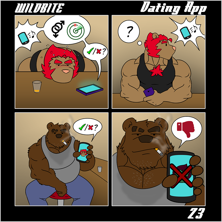 1:1 age_difference alcohol anthro bar beverage blush body_hair brown_bear cellphone check_mark chest_hair cigarette clothing date dating_app drinking drunk drunk_bubbles duo felid gender_symbol gesture lion male mammal muscular muscular_male musical_note older_male overweight overweight_male pantherine phone rubberbuns shirt shot_glass smartphone smoking stained_clothing substance_intoxication symbol tank_top thumbs_down topwear ursid ursine ♀ ♂