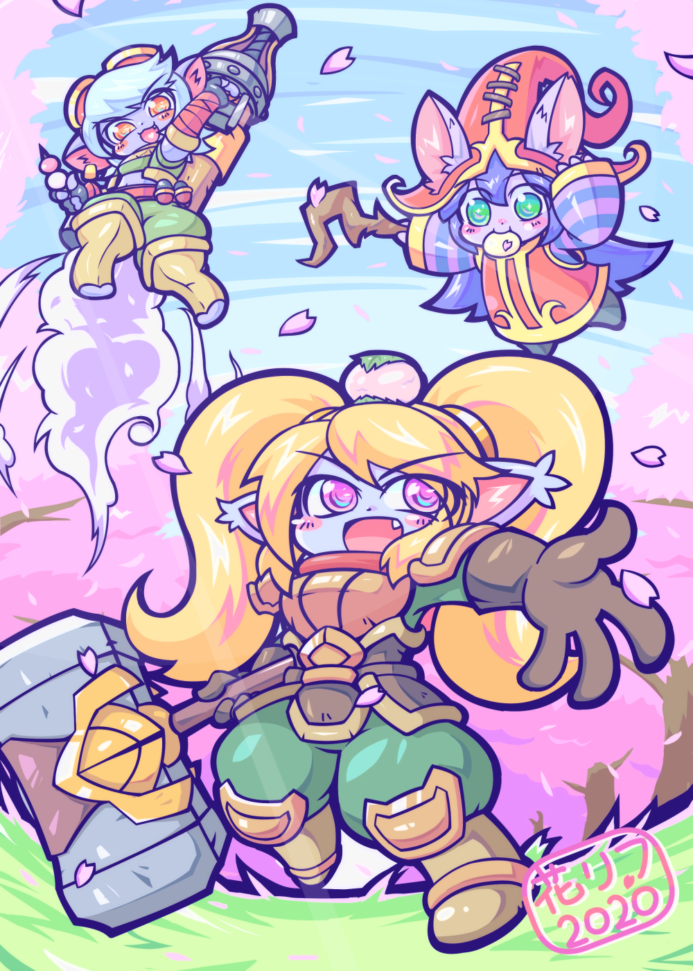 3girls :3 :d animal_ears blonde_hair blush_stickers cherry_blossoms commentary_request dango eyebrows_visible_through_hair fang food food_in_mouth goggles goggles_on_head green_eyes highres holding holding_hammer kayo!!_(gotoran) league_of_legends long_hair looking_at_viewer lulu_(league_of_legends) medium_hair multiple_girls open_mouth orange_eyes poppy purple_eyes rocket_jumping silver_hair smile striped_sleeves tristana wagashi yordle