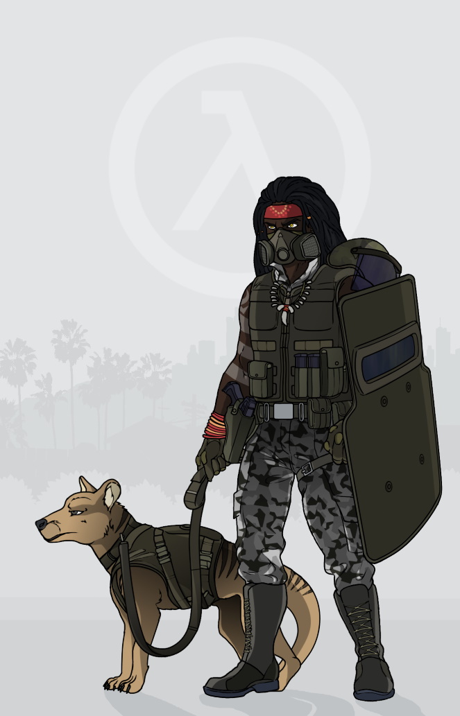 aboriginal aleone armor athletic bandanna battle body_armor bodypaint boots bottomwear camo clothing dark_skin dasyuromorph duo fanfictionfanart feral footwear gas_mask glock gun half-life handgun headgear hecu_marine helmet holster holstered_pistol human jewelry k9_unit leash male mammal marines marsupial mask military muscular necklace palm_trees pants pistol ranged_weapon riot_gear riot_shield simple_background soldier tactical tactical_gear tactical_gloves thylacine tribal urban_camo video_games warrior weapon yellow_eyes