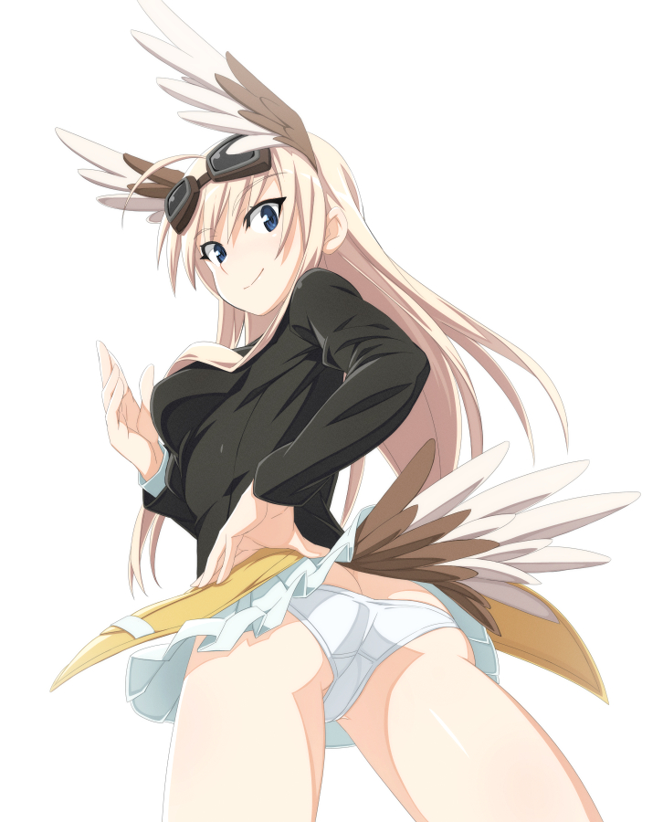 1girl ass bird_tail blonde_hair blue_eyes blush breasts closed_mouth eyebrows_visible_through_hair from_below hanna-justina_marseille long_hair looking_at_viewer looking_back medium_breasts military military_uniform nanashino panties shiny shiny_hair shiny_skin simple_background smile solo strike_witches tail underwear uniform white_background white_panties wing_ears world_witches_series