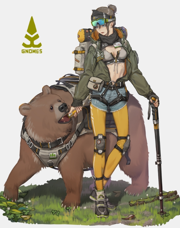 1girl animal backpack bag bear black_hair breasts cane fang goggles hair_bun holding_cane jacket open_mouth original scarf shorts sleeves_past_wrists yellow_legwear youzu_(youzuyozu)