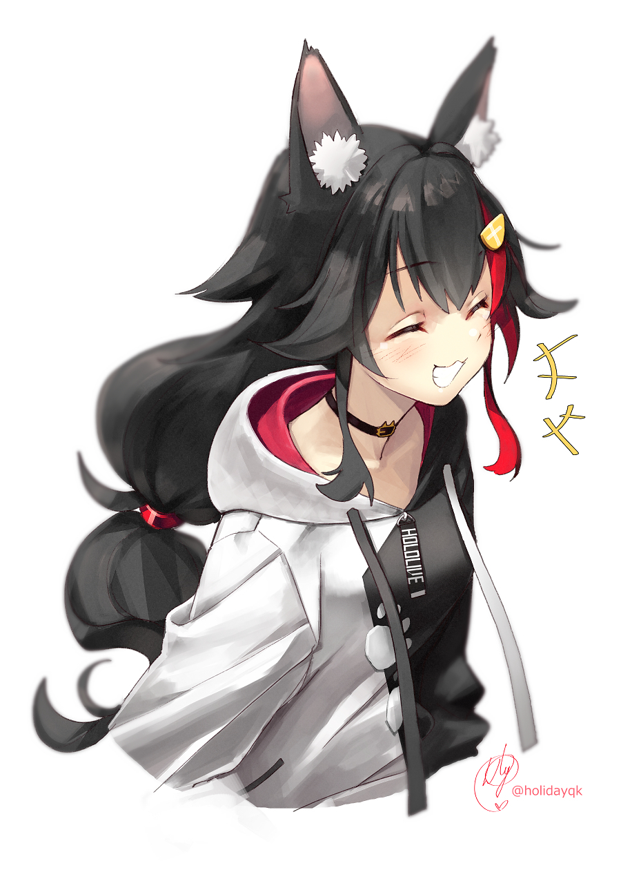 1girl ^_^ animal_ears black_hair closed_eyes grin highlights highres hololive hood hood_down hoodie long_hair long_sleeves multicolored_hair ookami_mio paw_print red_hair smile sumi_(oyasumie) tied_hair twitter_username upper_body virtual_youtuber wolf_ears