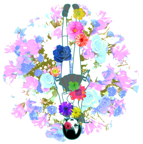1girl :d aqua_flower aqua_rose arms_at_sides black_hair black_sailor_collar black_skirt blue_flower blue_rose brown_footwear colorful commentary_request covering_one_eye floral_background flower flower_over_eye full_body fuura_kafuka green_flower inutarouta legs_together light_smile loafers looking_at_viewer no_nose open_mouth pale_color pink_flower pleated_skirt purple_flower red_flower rose sailor_collar sayonara_zetsubou_sensei see-through shoes short_hair simple_background skirt sleeves_past_wrists smile socks solo surreal upside-down very_short_hair white_background white_flower white_legwear yellow_eyes yellow_flower
