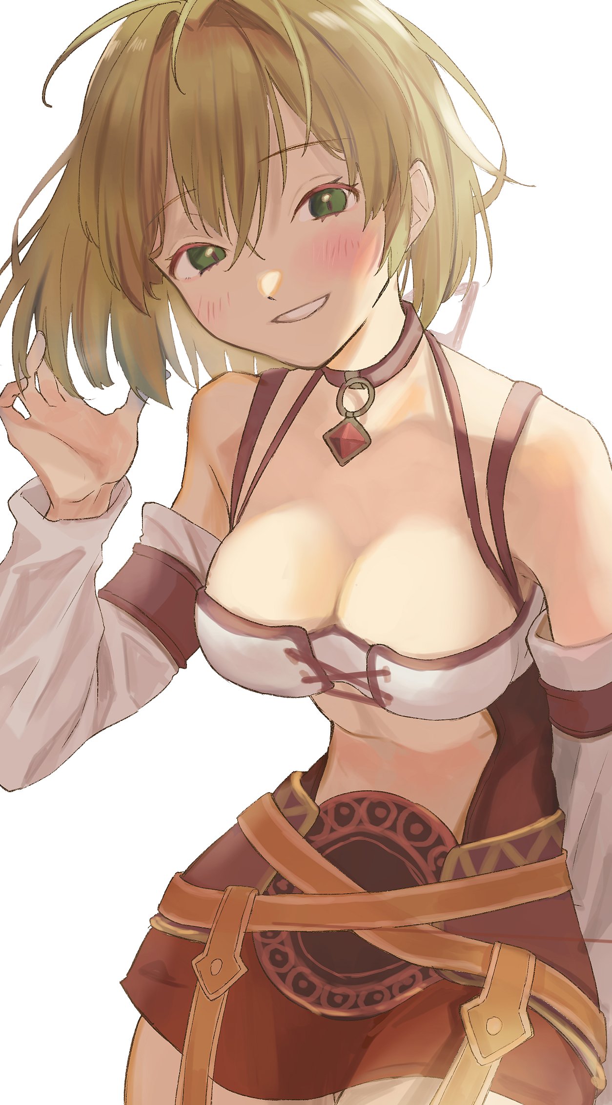 1girl blonde_hair breast_focus breasts choker cleavage cowboy_shot detached_sleeves fiorun fujie-yz green_eyes highres jewelry looking_at_viewer medium_breasts miniskirt pendant short_hair skirt smile solo xenoblade_(series) xenoblade_1