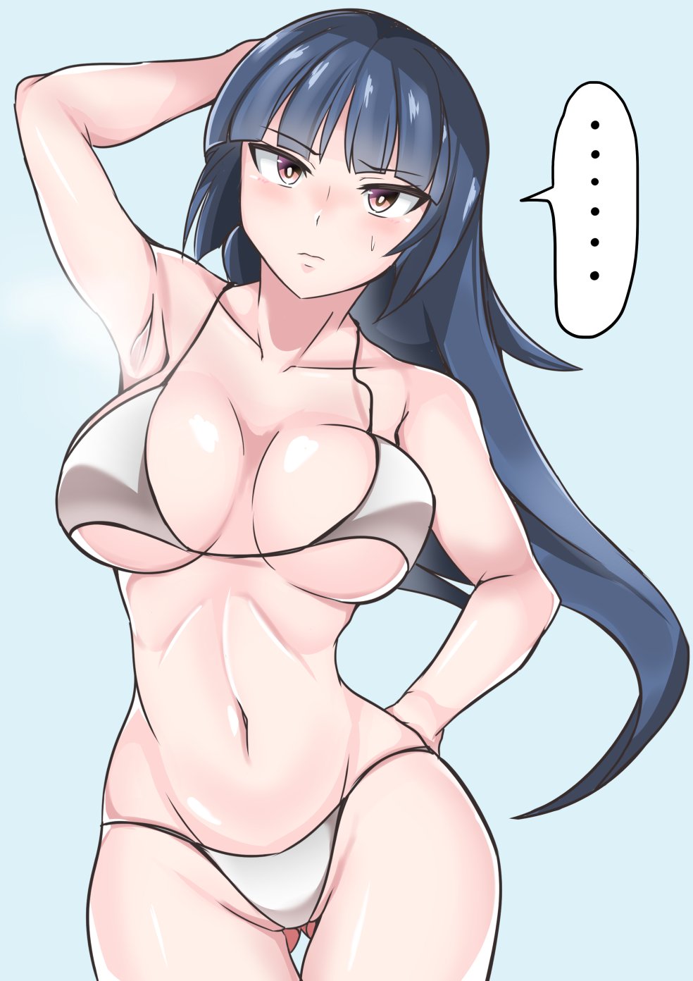 ... 1girl arm_behind_back arm_up armpits bangs bikini blush breasts cleavage collarbone commentary_request cowboy_shot embarrassed eyebrows_visible_through_hair grey_bikini hand_behind_head hand_on_hip highres large_breasts long_hair looking_at_viewer natsume_(pokemon) navel pink_eyes pokemon pokemon_(game) shiny shiny_hair shiny_skin simple_background solo speech_bubble spoken_ellipsis sumida_kichi sweatdrop swimsuit