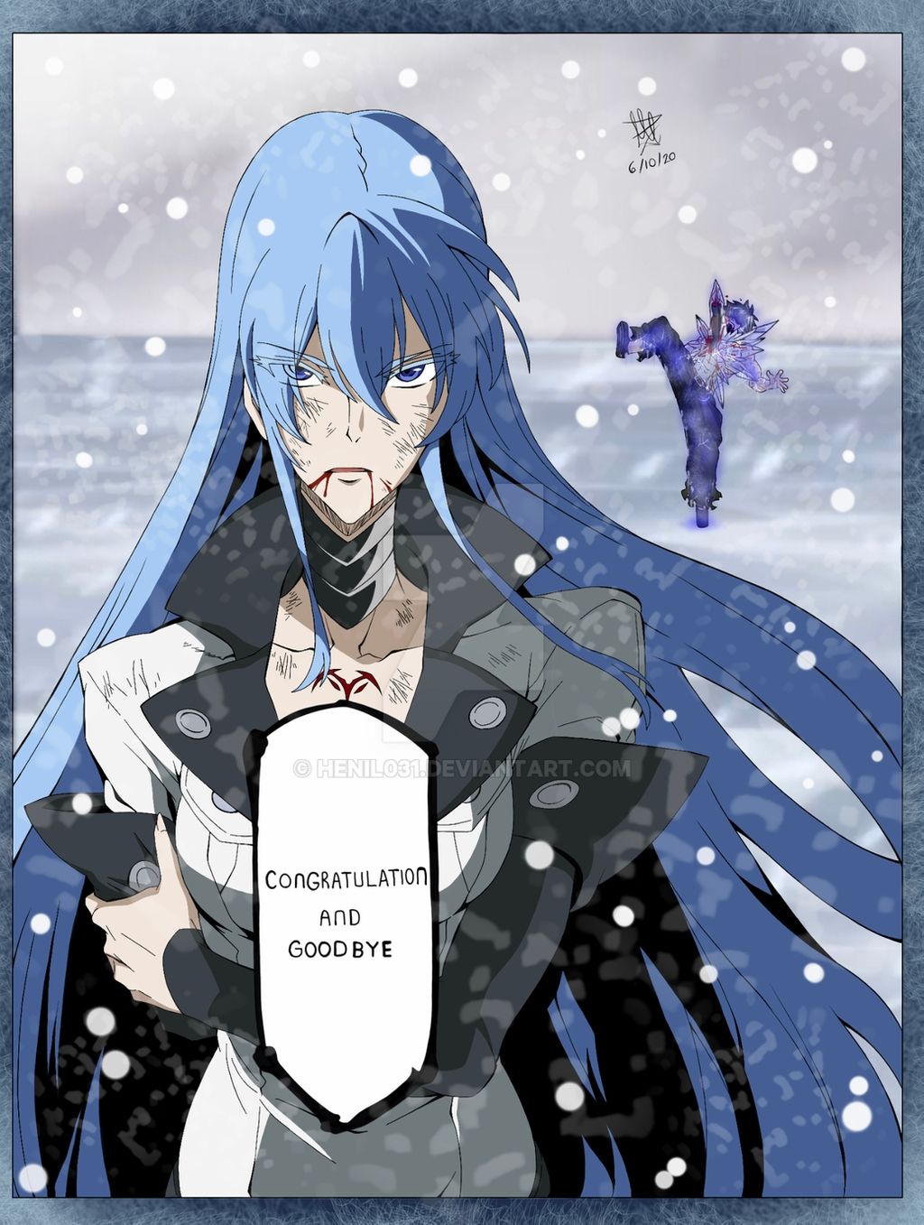 1boy 1girl akame_ga_kill! black_eyes black_hair blood blood_from_mouth blue_eyes blue_hair boots breasts chest_tattoo cleavage crossover death esdeath fairy_tail frozen gray_fullbuster hat henil031 highres ice jewelry large_breasts long_hair military military_uniform muscle necklace peaked_cap speech_bubble tattoo thigh_boots thighhighs uniform very_long_hair