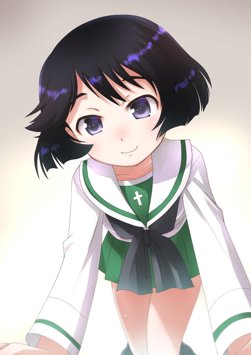 1girl all_fours artist_request black_hair black_neckwear blue_eyes blush breasts closed_mouth collarbone eyebrows_visible_through_hair girls_und_panzer gradient gradient_background green_skirt looking_at_viewer neckerchief ooarai_school_uniform school_uniform shiny shiny_hair short_hair simple_background skirt small_breasts smile solo utsugi_yuuki white_background