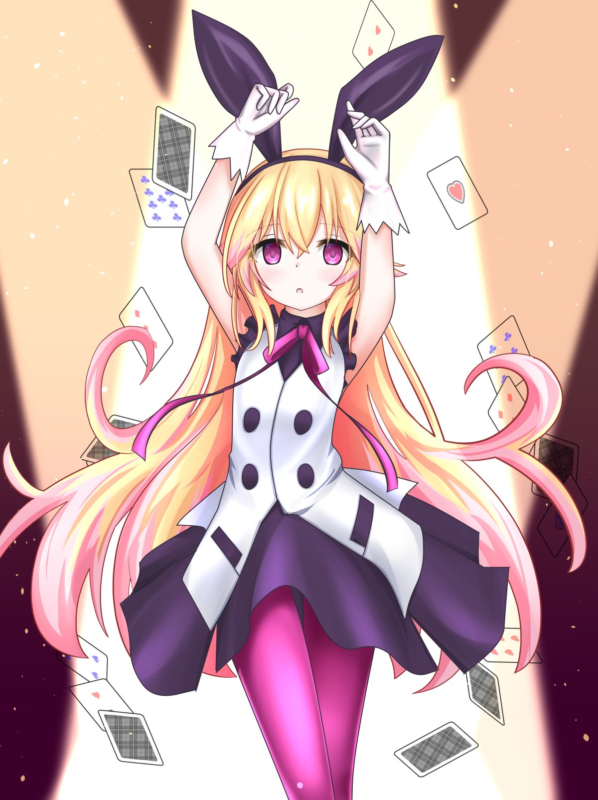 1girl ace_of_hearts animal_ears arms_up azure_striker_gunvolt azure_striker_gunvolt_2 blonde_hair card commentary_request dress empty_eyes expressionless eyebrows_visible_through_hair fake_animal_ears gloves hairband highres langley1000 long_hair mysterious_girl_(gunvolt) playing_card ribbon solo thighs very_long_hair white_gloves