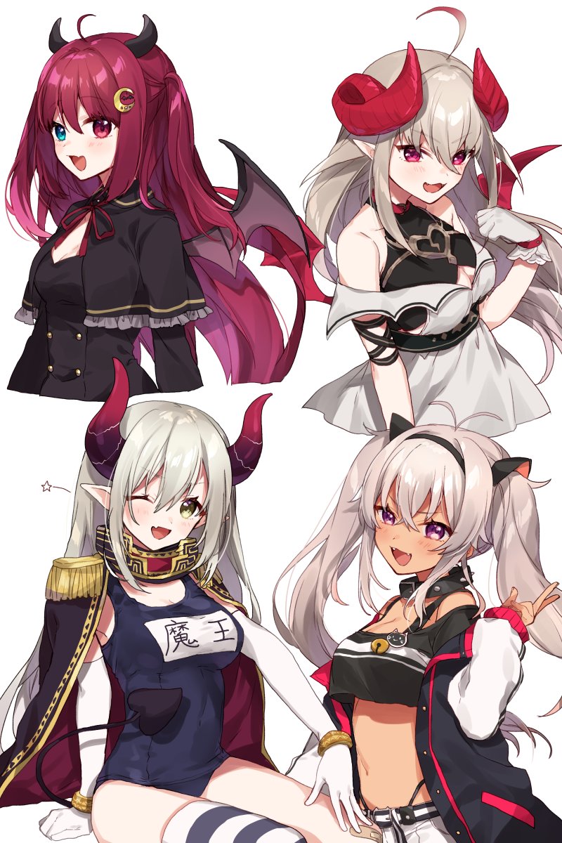 4girls :d ;d ahoge alternate_breast_size bandaid bandaid_on_knee bangs bare_shoulders black_cape black_capelet black_dress black_jacket black_panties black_shirt blue_eyes blue_swimsuit blush breasts brown_wings cape capelet cleavage commentary_request crop_top crop_top_overhang cropped_torso curled_horns demon_girl demon_horns demon_tail demon_wings dress elbow_gloves emma_august epaulettes eyebrows_visible_through_hair fang fangs frilled_capelet frills gloves gradient_hair green_eyes grey_hair hair_between_eyes heterochromia highleg highleg_panties highres horns jacket letterman_jacket long_hair long_sleeves looking_at_viewer makaino_ririmu matsukai_mao medium_breasts multicolored_hair multiple_girls name_tag nijisanji off-shoulder_shirt off_shoulder old_school_swimsuit one-piece_swimsuit one_eye_closed open_clothes open_jacket open_mouth panties purple_cape purple_eyes red_eyes red_hair red_wings school_swimsuit shirt silver_hair simple_background single_thighhigh sleeves_past_wrists smile star_(symbol) striped striped_legwear swimsuit tail thighhighs twintails underwear very_long_hair virtual_youtuber white_background white_dress white_gloves wings yamabukiiro yuzuki_roa