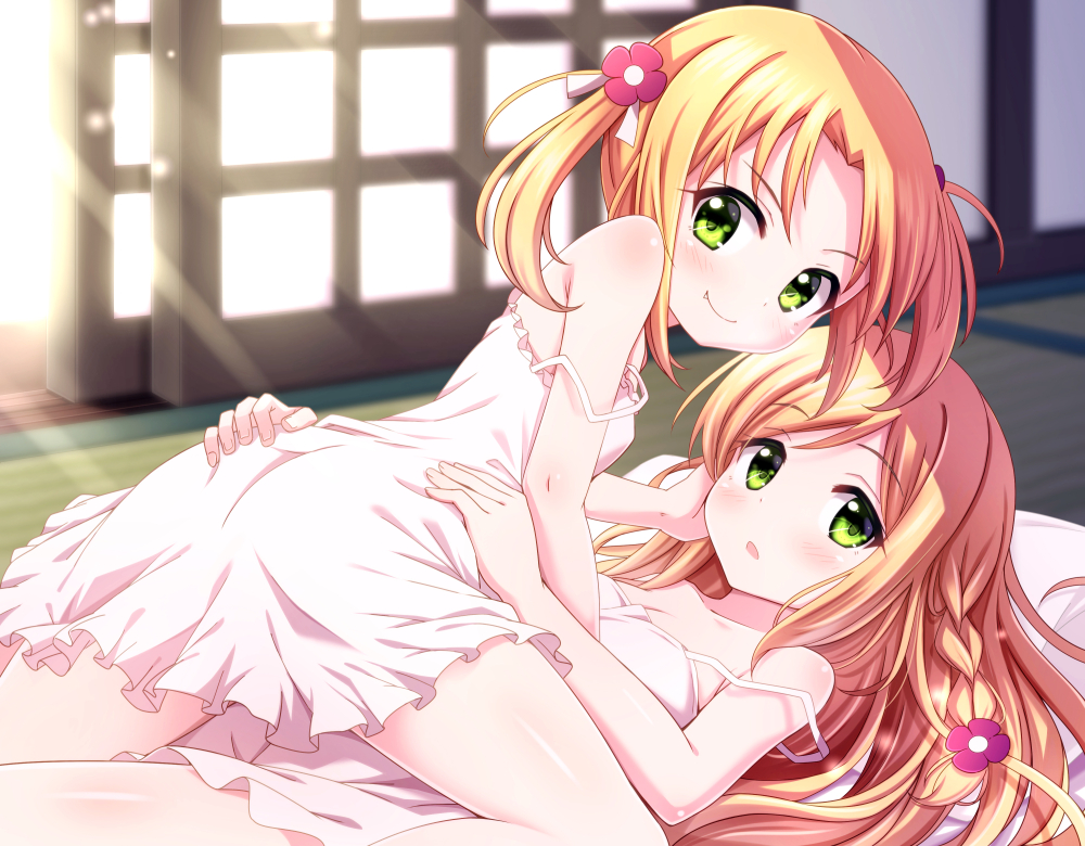 2girls ass ayase_midori bangs bare_arms bare_shoulders blonde_hair blurry blurry_background blush braid closed_mouth commentary_request day depth_of_field dress eyebrows_visible_through_hair fang fang_out flower girl_on_top green_eyes hair_flower hair_ornament hand_on_another's_ass indoors long_hair multiple_girls original parted_bangs parted_lips purple_flower sleeveless sleeveless_dress smile strap_slip sunlight torso_grab twintails very_long_hair white_dress yuri