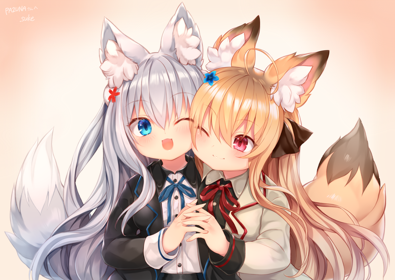 2girls ;) ;d animal_ears black_jacket black_shirt blonde_hair blue_eyes cheek-to-cheek commission fox_ears fox_tail holding_hands interlocked_fingers jacket long_hair long_sleeves multiple_girls one_eye_closed open_mouth original red_eyes shirt silver_hair smile sukemyon tail white_jacket white_shirt