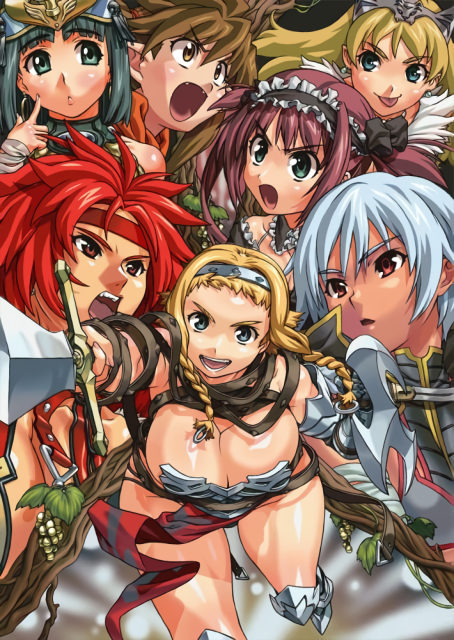 6+girls airi_(queen's_blade) armor armored_boots black_hair blonde_hair blue_eyes bob_cut boots braid breasts brown_eyes brown_hair cleavage elina eyebrows_visible_through_hair fangs food fruit grapes green_eyes hairband headband headdress holding holding_shield holding_sword holding_weapon irma kei_(bekei) large_breasts leina long_hair maid_headdress menace multiple_girls nowa open_mouth outstretched_arm plant pointing pointing_at_viewer pointing_weapon queen's_blade red_eyes red_hair risty shield shiny shiny_skin short_hair silver_hair sword tongue tongue_out twin_braids vines weapon