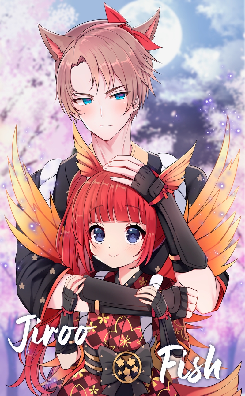 1boy 1girl :&gt; animal_ears black_eyes black_gloves blade_&amp;_soul blue_eyes blush bow brown_hair cat_ears closed_mouth commission elbow_gloves eyebrows_visible_through_hair fingerless_gloves gloves hair_bow highres jirafuru long_hair looking_at_viewer red_bow red_hair short_hair twintails
