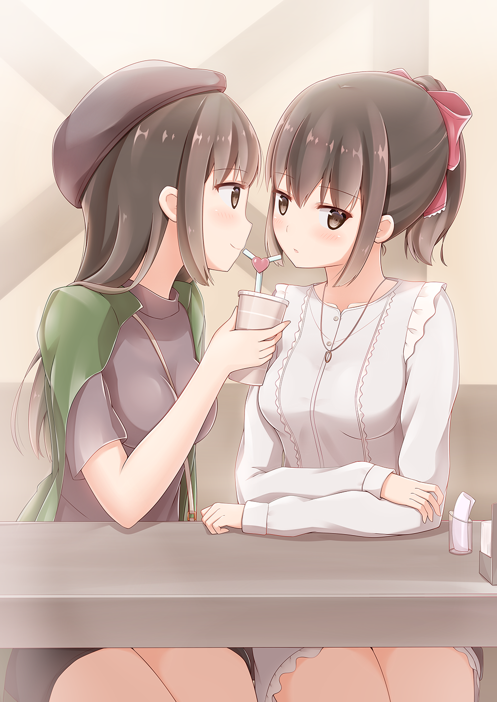 2girls bangs blush bow breasts brown_eyes brown_headwear crossed_arms cup disposable_cup hair_bow hat highres holding holding_cup indoors jewelry kamakama_(kdmorh_kamakama) long_sleeves looking_at_another looking_at_viewer medium_breasts multiple_girls necklace original red_bow shared_straw sidelocks sitting yuri