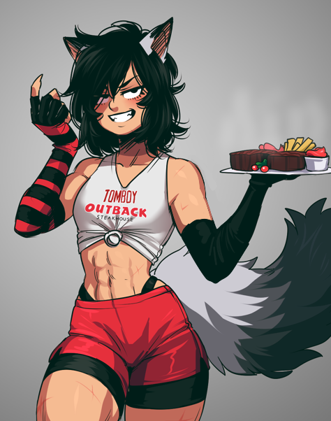 1girl abs animal_ears asymmetrical_gloves bare_shoulders black_hair breasts cowboy_shot elbow_gloves fingerless_gloves food gloves grey_background grin holding holding_plate looking_at_viewer lui-ra meme original outback_steakhouse parody plate red_shorts scar shirt short_hair shorts simple_background small_breasts smile solo t-shirt tail teeth tomboy uniform wolf_ears wolf_tail