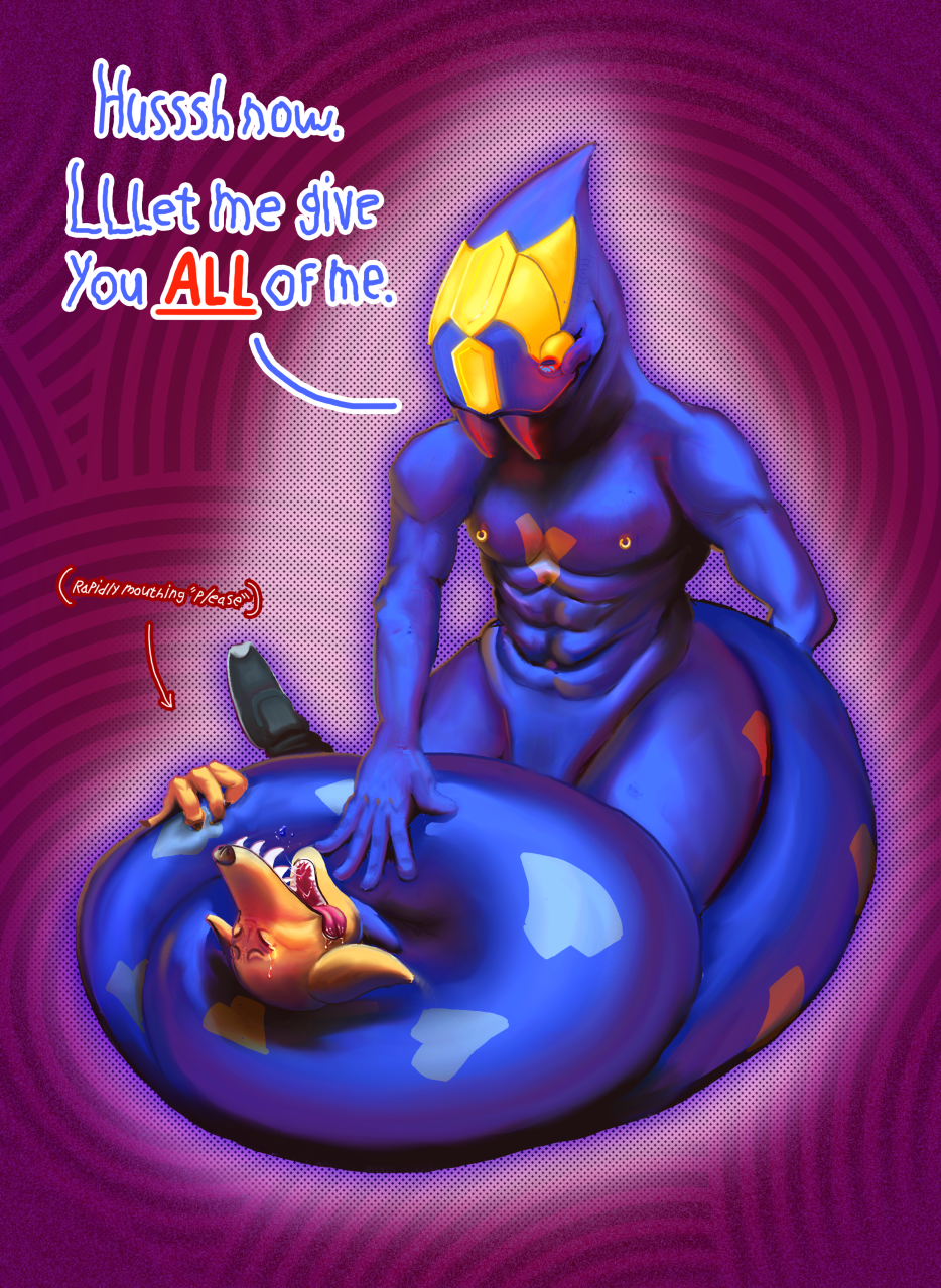 anthro asphyxiation bodily_fluids breath_play canid canine choking coiling colorful conadolpomp_(artist) domination drooling duo fangs forced girly glowing glowing_eyes gold_(metal) hi_res male male/male mammal muscular nintendo pok&eacute;mon pok&eacute;mon_(species) saliva seviper submissive submissive_male tears text thick_thighs video_games