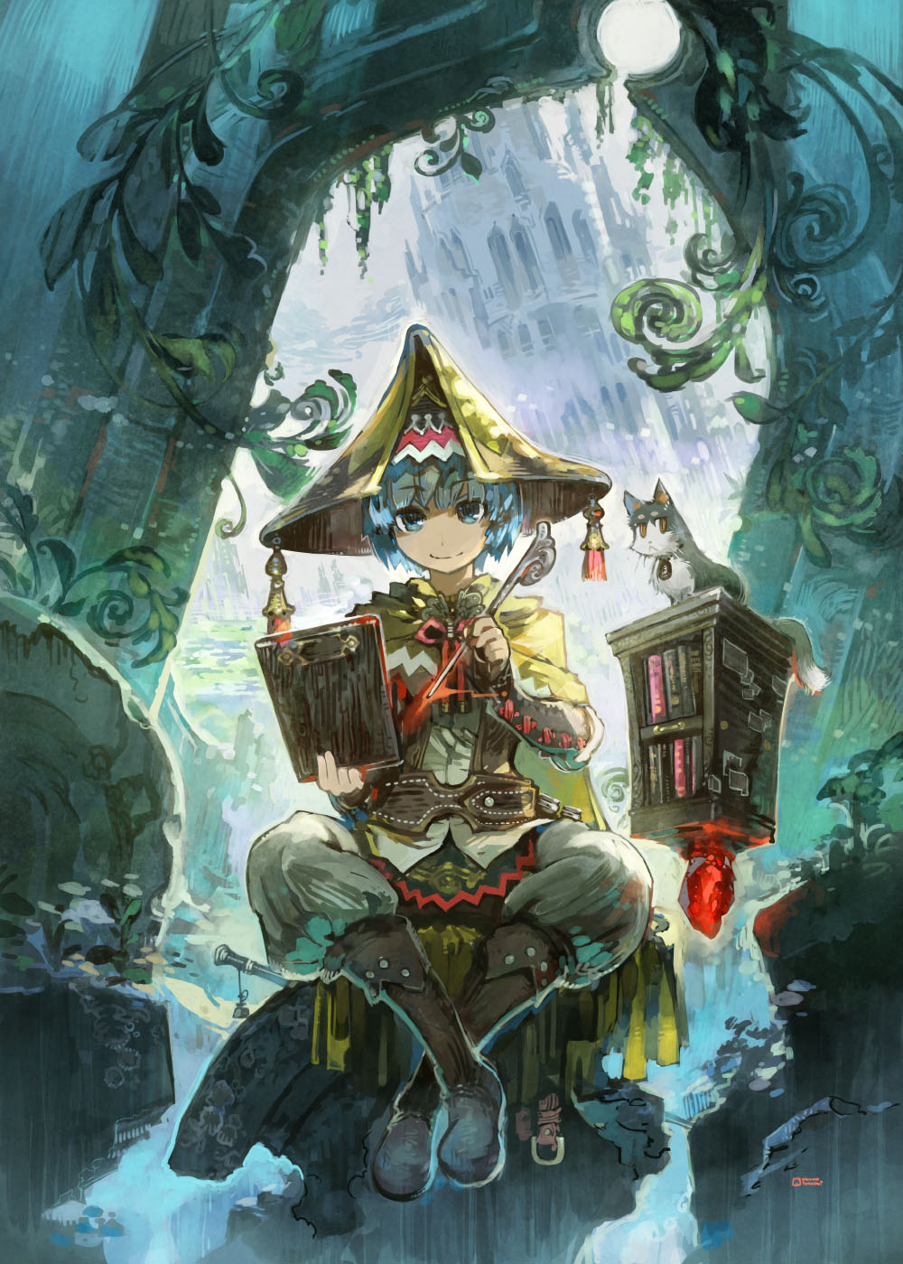1boy arch baggy_pants blue_eyes blue_hair book bookshelf boots brown_footwear building cape cat commentary_request fantasy floating floating_object full_body hat highres holding holding_wand knee_boots konno_takashi long_sleeves looking_at_viewer outdoors pants plant ruins shirt sitting smile solo sword_world_2.0 tassel tower vines wand white_pants white_shirt