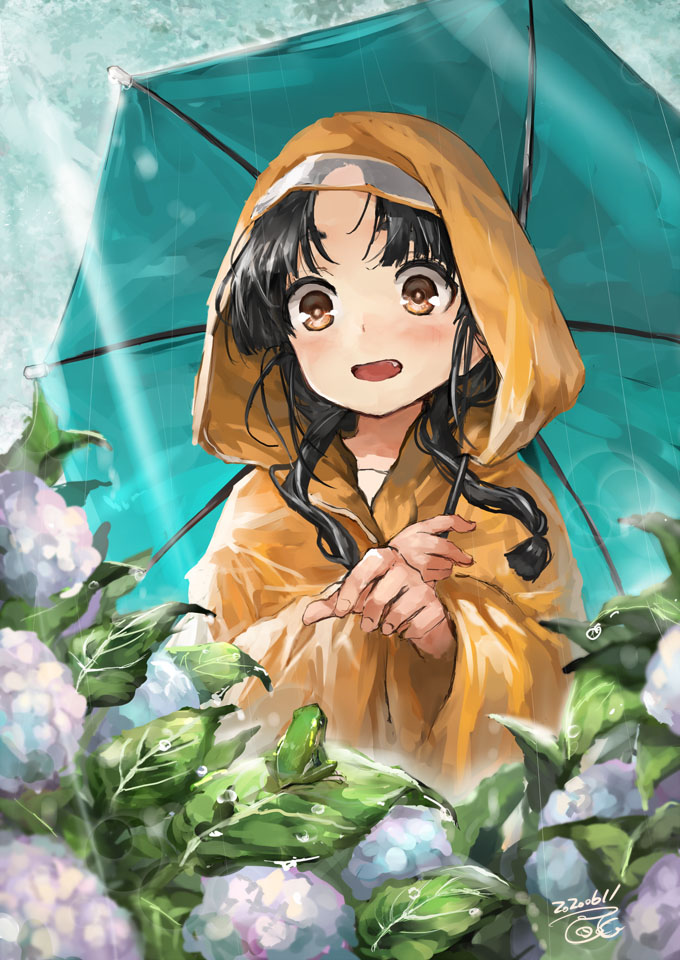 1girl black_hair blush brown_eyes dated dew_drop flower holding holding_umbrella hydrangea kantai_collection long_hair long_sleeves nisshin_(kantai_collection) open_mouth purple_flower raincoat sidelocks signature solo thick_eyebrows toka_(marchlizard) umbrella water water_drop