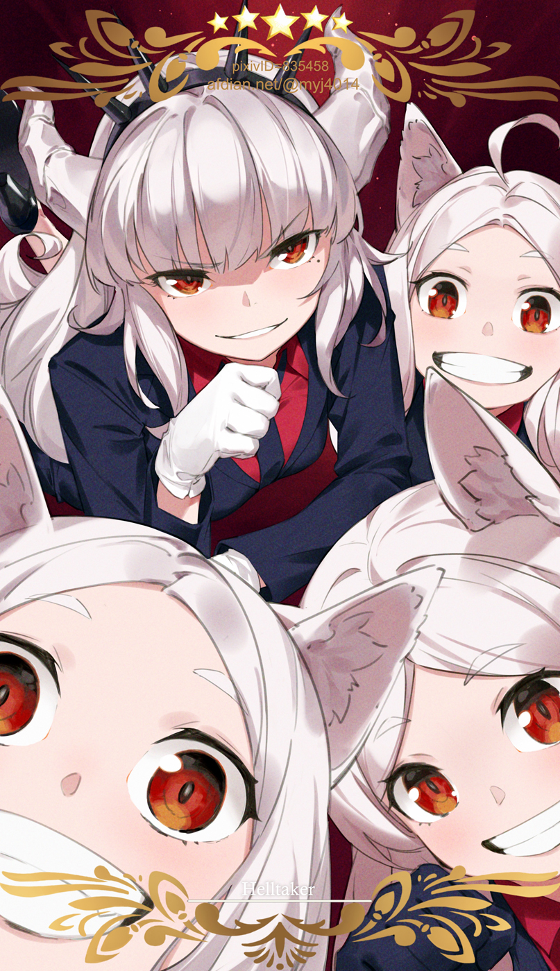 4girls :d ahoge animal_ear_fluff animal_ears bangs black_footwear black_jacket black_neckwear blunt_bangs cerberus_(helltaker) collared_shirt commentary_request copyright_name demon_girl demon_horns dog_ears eyebrows_visible_through_hair gloves grin hairband helltaker high_heels highres horns jacket long_sleeves looking_at_viewer looking_back lucifer_(helltaker) lying mole mole_under_eye multiple_girls on_stomach open_mouth parted_bangs paw_pose pixiv_id red_eyes red_shirt shaded_face shirt silver_hair smile spiked_hairband spikes star_(symbol) teeth v-shaped_eyebrows white_gloves yijian_ma