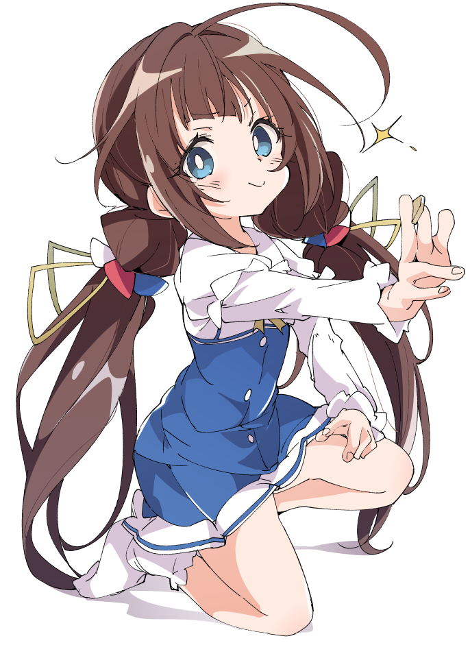 1girl ahoge blue_eyes board_game brown_hair closed_mouth hinatsuru_ai ixy kneeling long_hair looking_at_viewer low_twintails ryuuou_no_oshigoto! school_uniform shougi shougi_piece simple_background smile socks solo twintails white_background