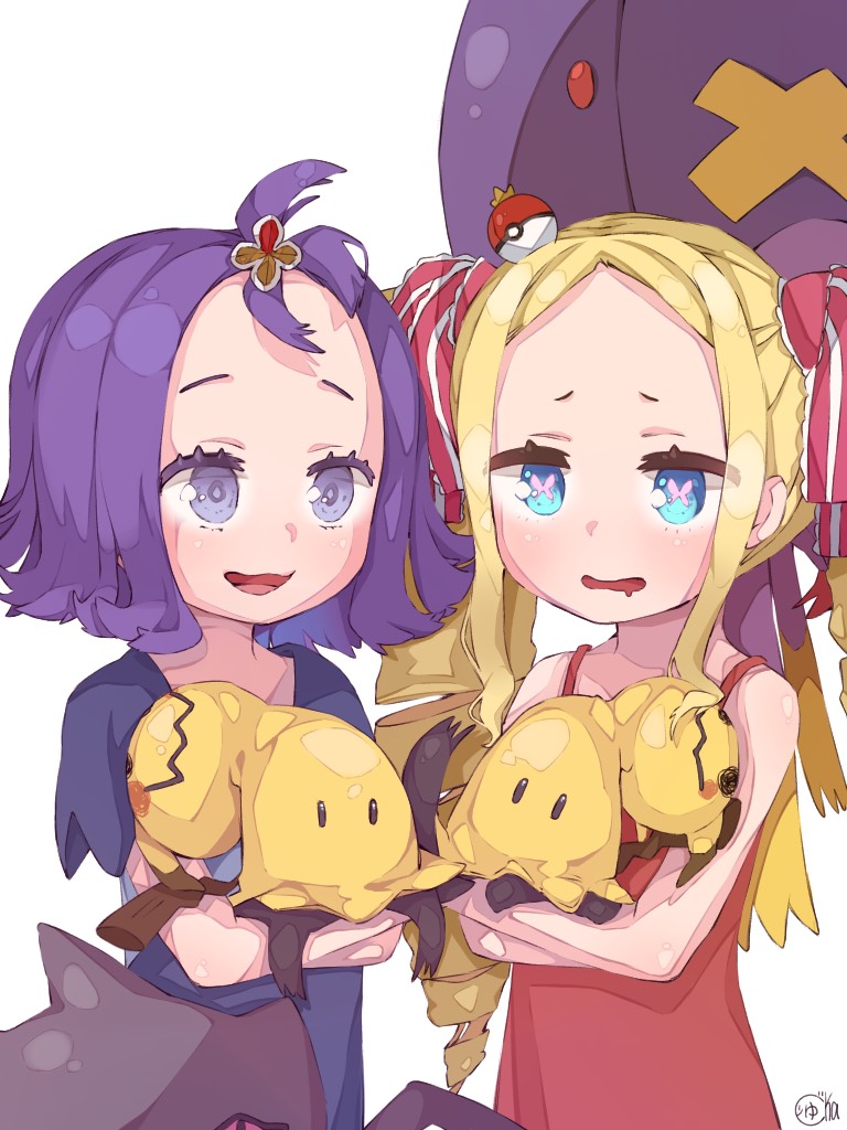 2girls acerola_(pokemon) banette beatrice_(re:zero) blonde_hair blue_eyes commentary_request dress drifblim drill_hair gen_3_pokemon gen_4_pokemon gen_7_pokemon hair_ornament holding holding_pokemon kumamakupillow mimikyu mouth_drool multiple_girls open_mouth poke_ball poke_ball_(generic) pokemon pokemon_(creature) pokemon_(game) pokemon_sm purple_eyes purple_hair raised_eyebrows re:zero_kara_hajimeru_isekai_seikatsu short_hair short_sleeves simple_background tongue topknot watermark white_background