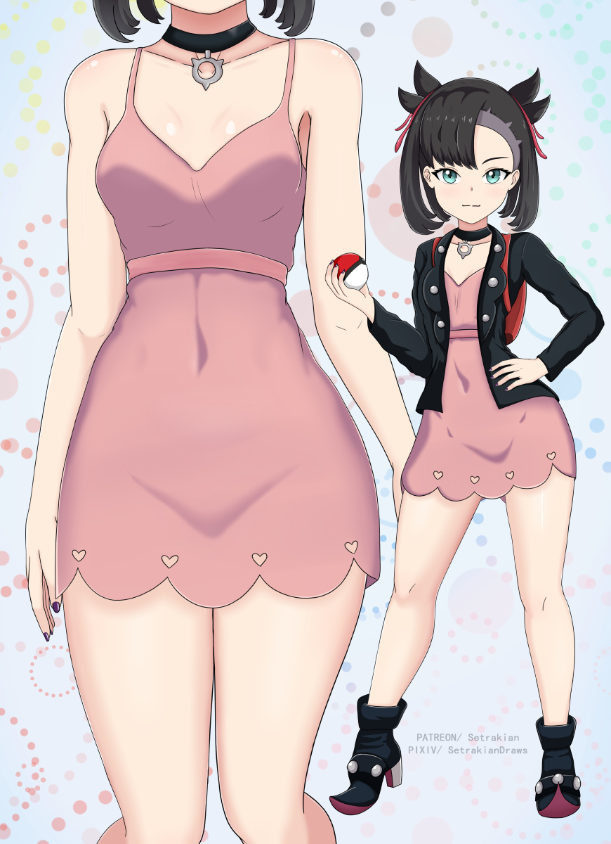 1girl aqua_eyes asymmetrical_bangs bangs black_choker black_footwear black_hair black_jacket boots breasts choker commentary covered_navel dress hair_ribbon high_heel_boots high_heels highres holding holding_poke_ball jacket knees long_sleeves looking_at_viewer mary_(pokemon) open_clothes patreon_username pink_dress pixiv_username poke_ball poke_ball_(generic) pokemon pokemon_(game) pokemon_swsh red_ribbon ribbon setrakian_draws short_hair