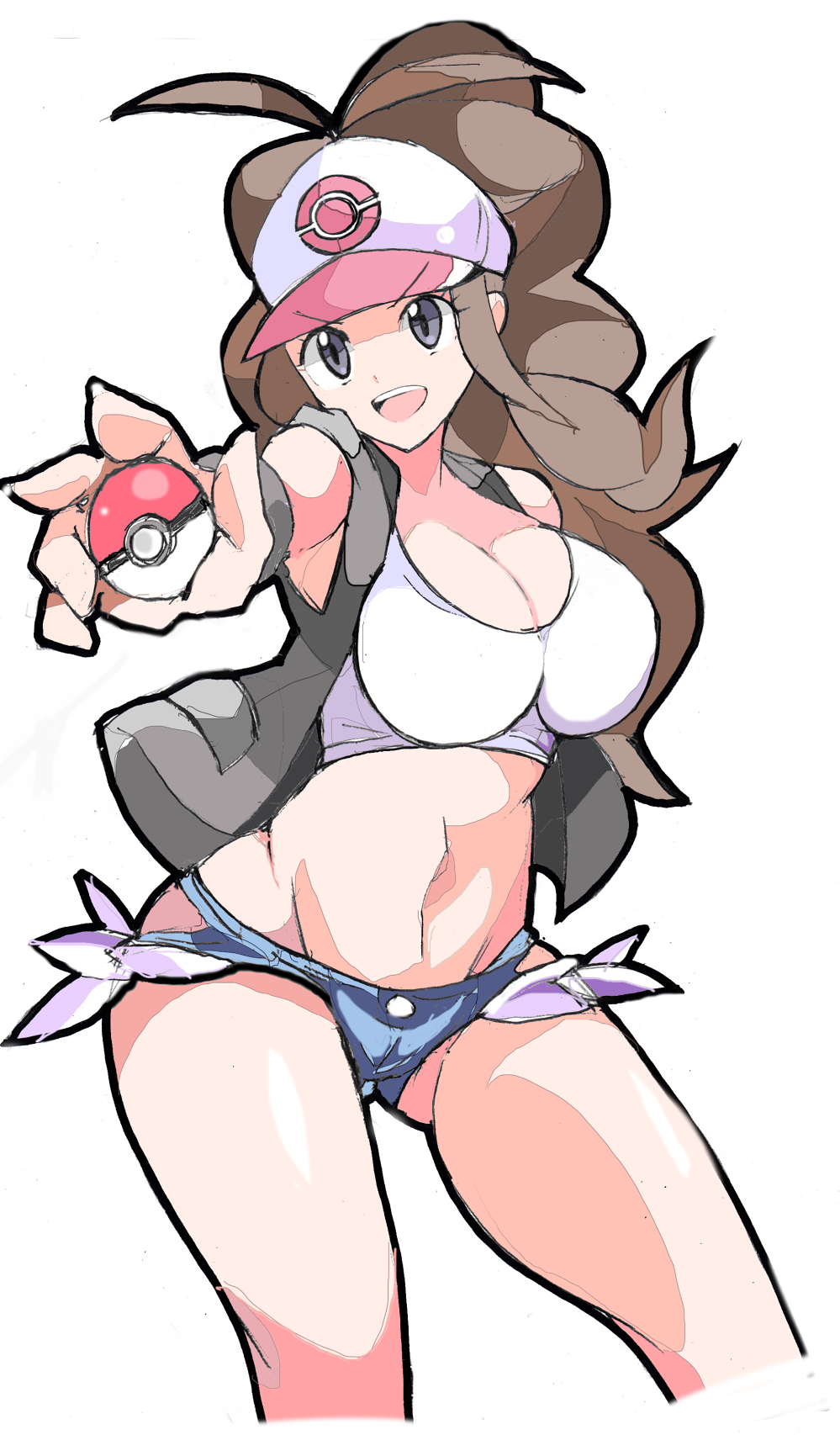 1girl :d antenna_hair baseball_cap black_vest blue_shorts breasts brown_hair cleavage cutoffs enpe eyebrows_visible_through_hat grey_eyes hat highres holding holding_poke_ball large_breasts long_hair micro_shorts navel open_clothes open_mouth open_vest poke_ball poke_ball_(generic) pokemon pokemon_(game) pokemon_bw ponytail shirt shorts simple_background smile solo tank_top teeth touko_(pokemon) v-shaped_eyebrows vest white_background white_shirt wristband