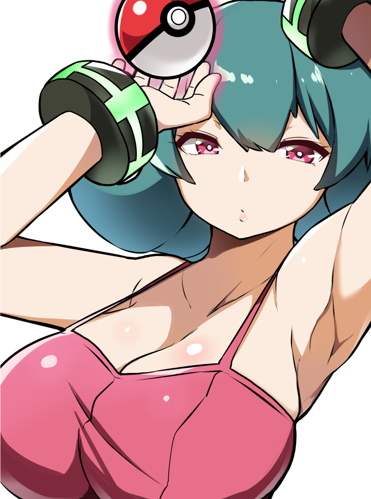 1girl armpits bangs bracelet breasts cleavage commentary_request crop_top eyelashes glowing green_hair gym_leader jewelry looking_at_viewer medium_hair mituyota_76 natsume_(pokemon) pink_crop_top pink_eyes poke_ball poke_ball_(generic) pokemon pokemon_(game) pokemon_hgss shiny shiny_hair simple_background solo spaghetti_strap telekinesis upper_body white_background