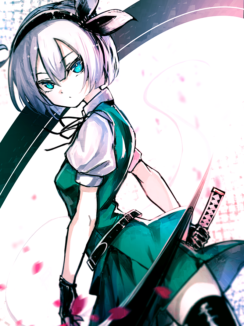 1girl aqua_eyes bangs belt black_belt black_gloves black_hairband black_legwear black_ribbon breasts commentary_request cowboy_shot gloves green_skirt green_vest hair_between_eyes hair_ribbon hairband koissa konpaku_youmu looking_at_viewer miniskirt puffy_short_sleeves puffy_sleeves ribbon shirt short_hair short_sleeves silver_hair skirt skirt_set small_breasts solo standing thighhighs touhou vest white_shirt zettai_ryouiki