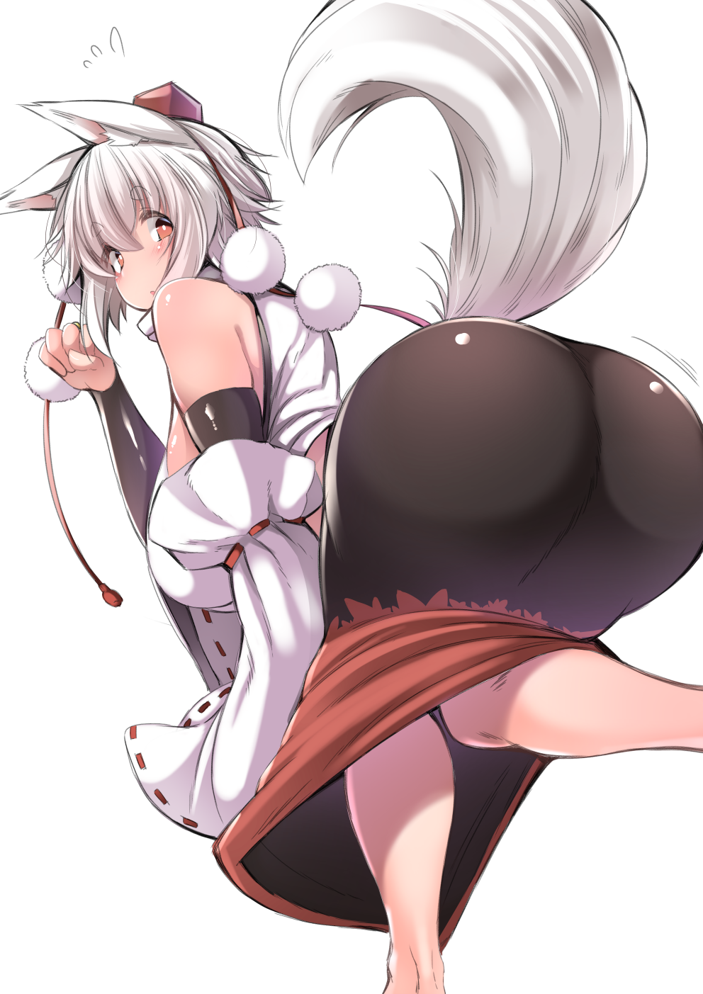 1girl animal_ears ass bare_shoulders bent_over breasts hat highres inubashiri_momiji red_eyes shishi_juuroku short_hair simple_background solo tail thighs touhou white_background white_hair wolf_ears wolf_tail