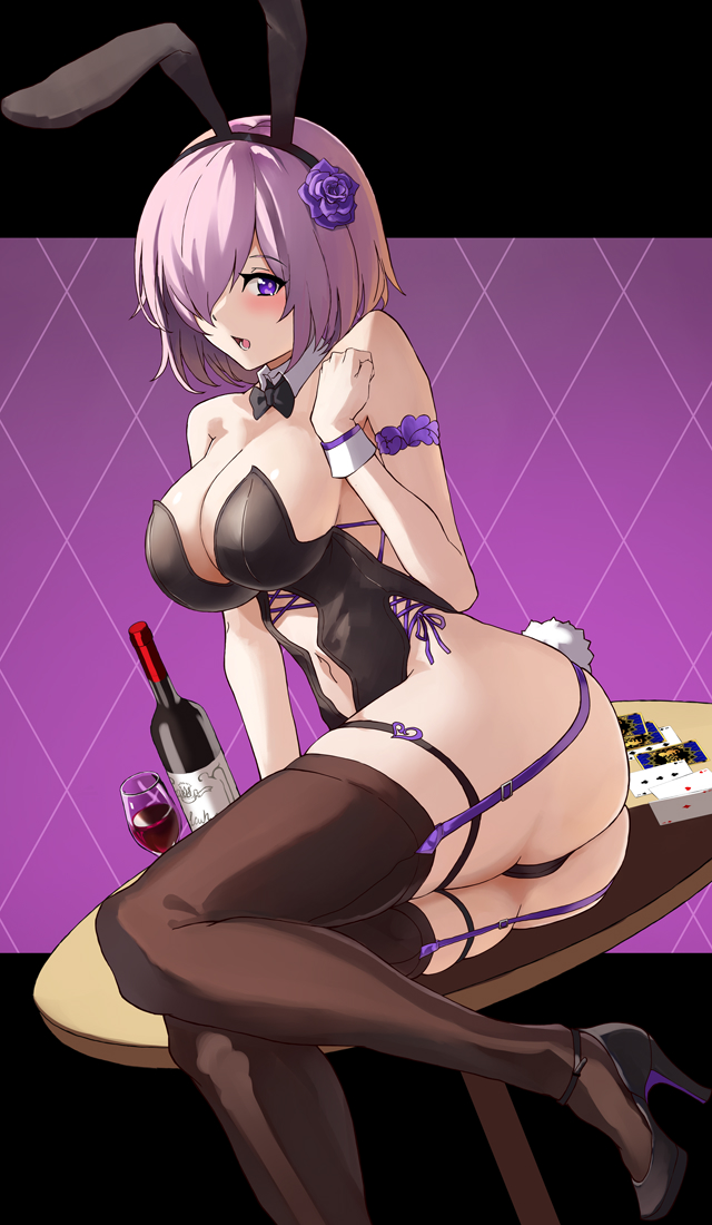 1girl animal_ears ass bare_shoulders black_background black_bow black_footwear black_leotard blush bottle bow bowtie breasts brown_legwear bunny_ears bunny_girl bunny_tail bunnysuit card cleavage commentary_request cup detached_collar drinking_glass eyebrows_visible_through_hair fake_animal_ears fake_tail fate/grand_order fate_(series) flower garter_straps hair_flower hair_ornament hair_over_one_eye hairband high_heels large_breasts leotard looking_at_viewer mash_kyrielight navel on_table open_mouth pink_background playing_card purple_eyes purple_hair revealing_clothes rose shoes short_hair sitting solo strapless strapless_leotard striped striped_background table tail thighhighs wine_bottle wine_glass wrist_cuffs yashiro_(silver_will)