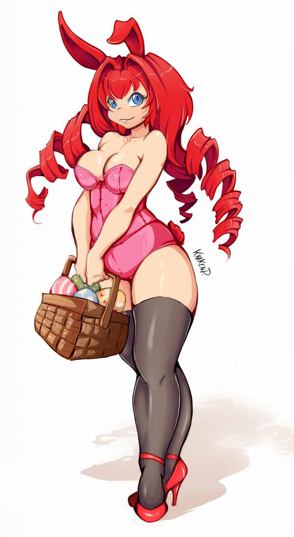 2016 animal_humanoid basket blue_eyes breasts buckteeth cleavage clothed clothing collette_(krakenparty) curled_hair easter easter_egg english_text eyelashes female footwear hair high_heels holidays humanoid krakenparty lagomorph lagomorph_humanoid legwear leporid_humanoid long_hair looking_at_viewer mammal mammal_humanoid rabbit_humanoid red_hair shoes signature simple_background solo stockings teeth text white_background